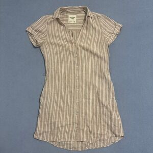 Button-Front Striped Linen Blend Dress - Taupe/White